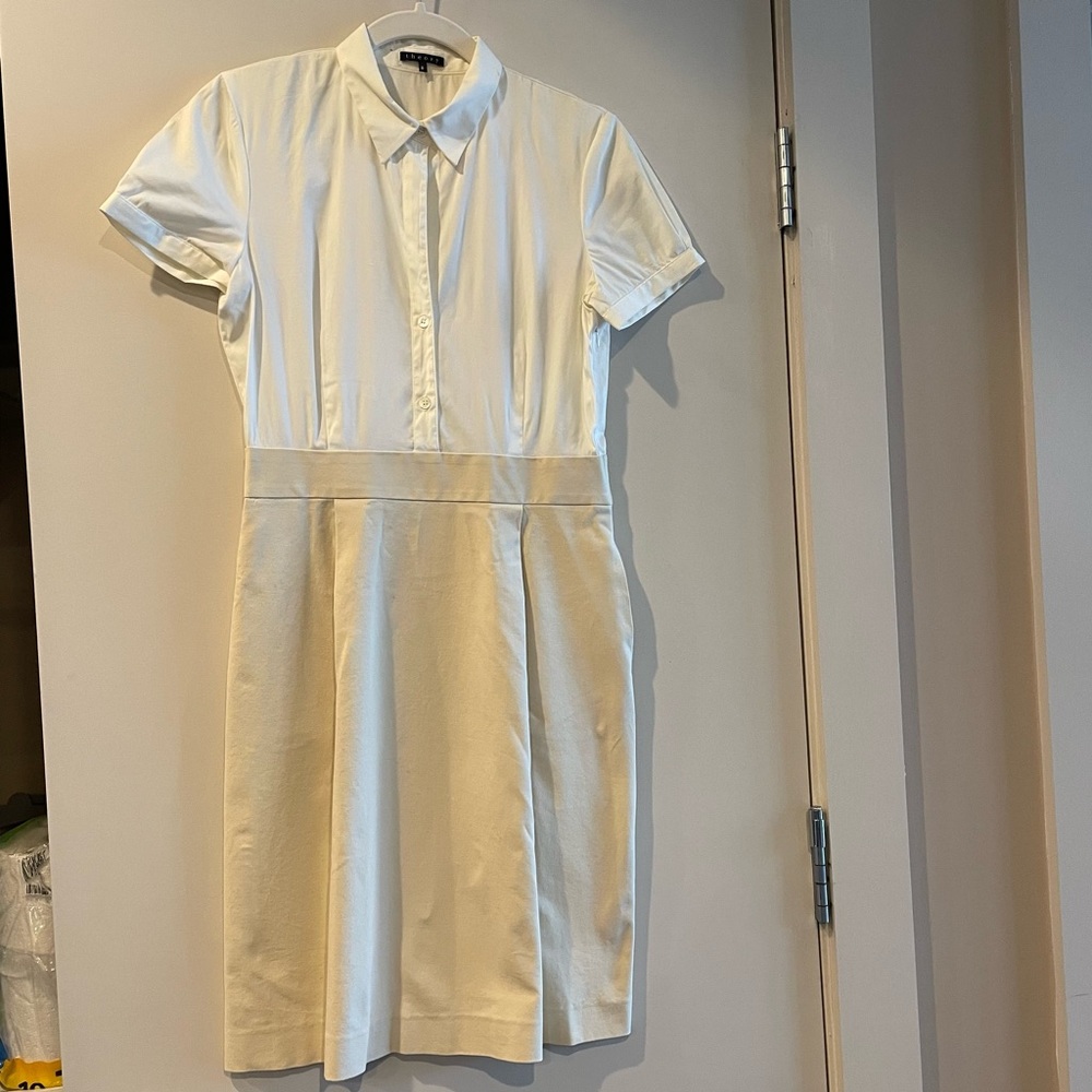 Theory Classic Work Short Sleeve Suiting Dress Tan & White Size 8